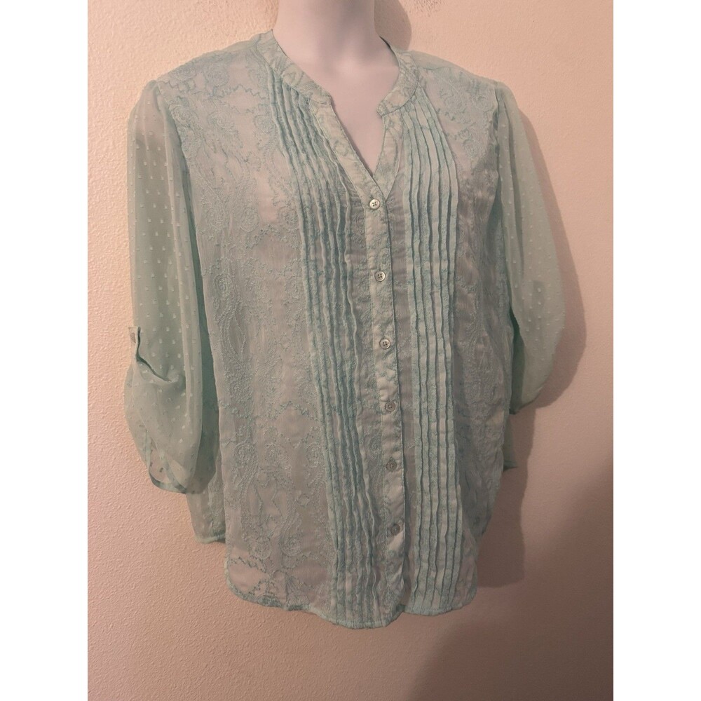 Chicos Blouse Womens XL Sz 3/16  Floral Long Sleeve Sheer Roll Tab Green Sheer